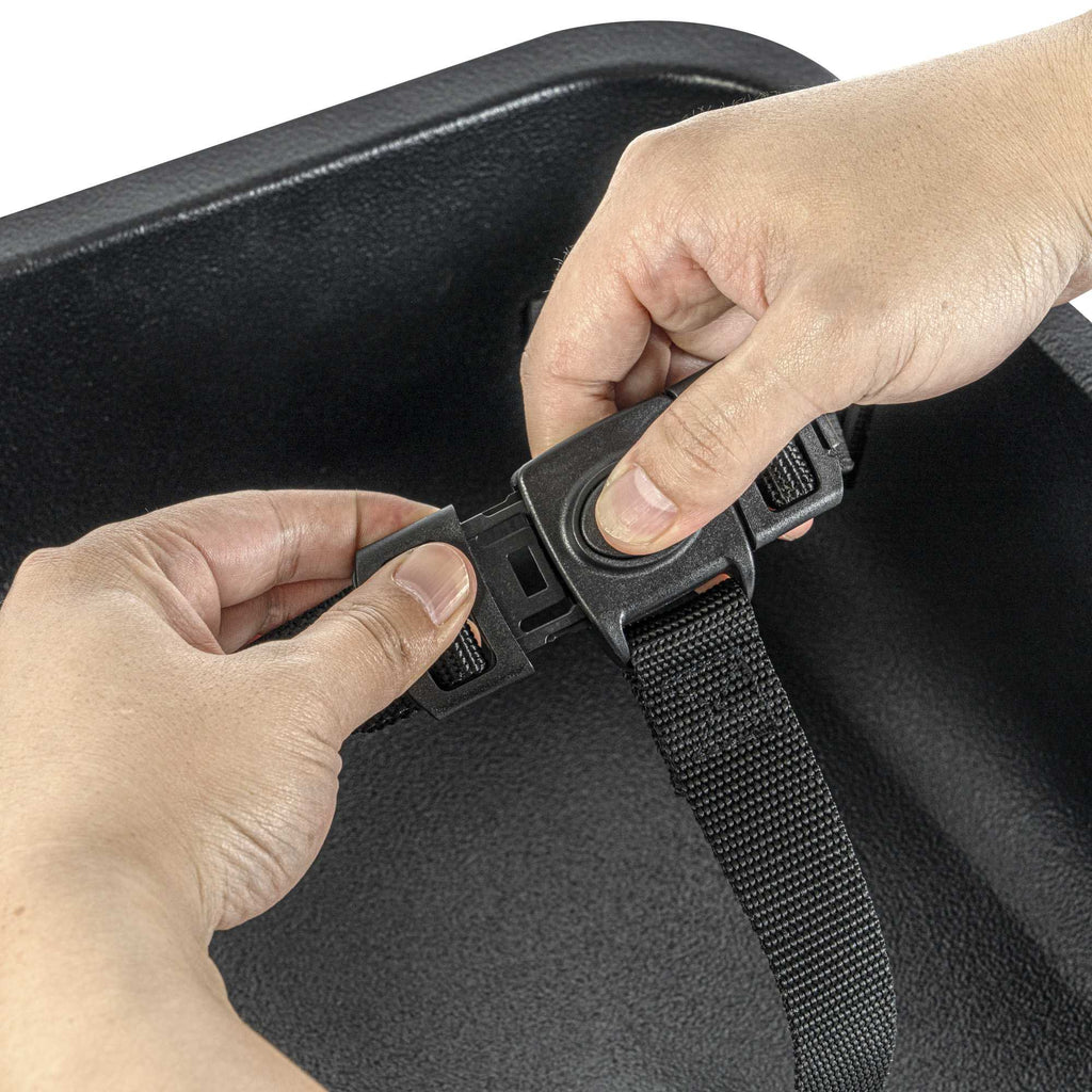 Table Tek Black Plastic Booster Seat - Dual Height, with Strap - 12 1/2" x 8 3/4" - 1 count box
