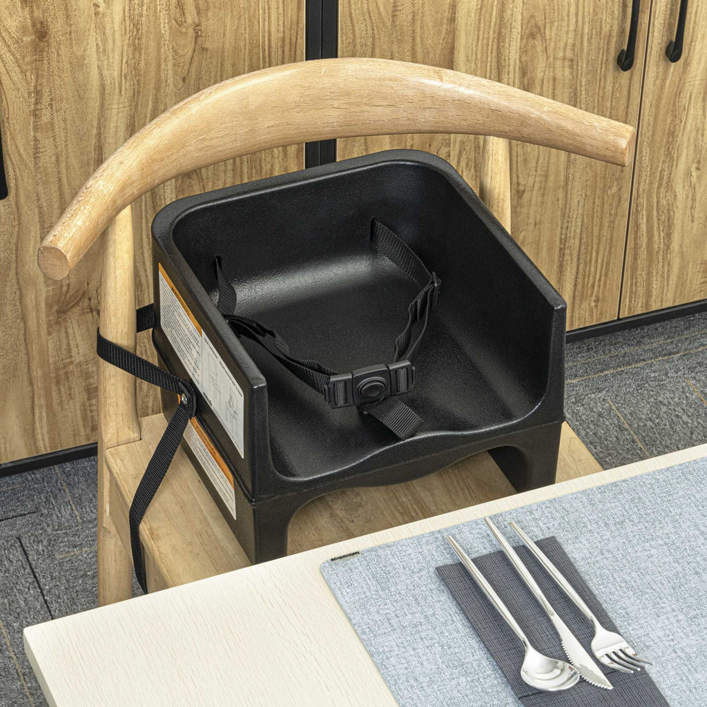 Table Tek Black Plastic Booster Seat - Dual Height, with Strap - 12 1/2" x 8 3/4" - 1 count box